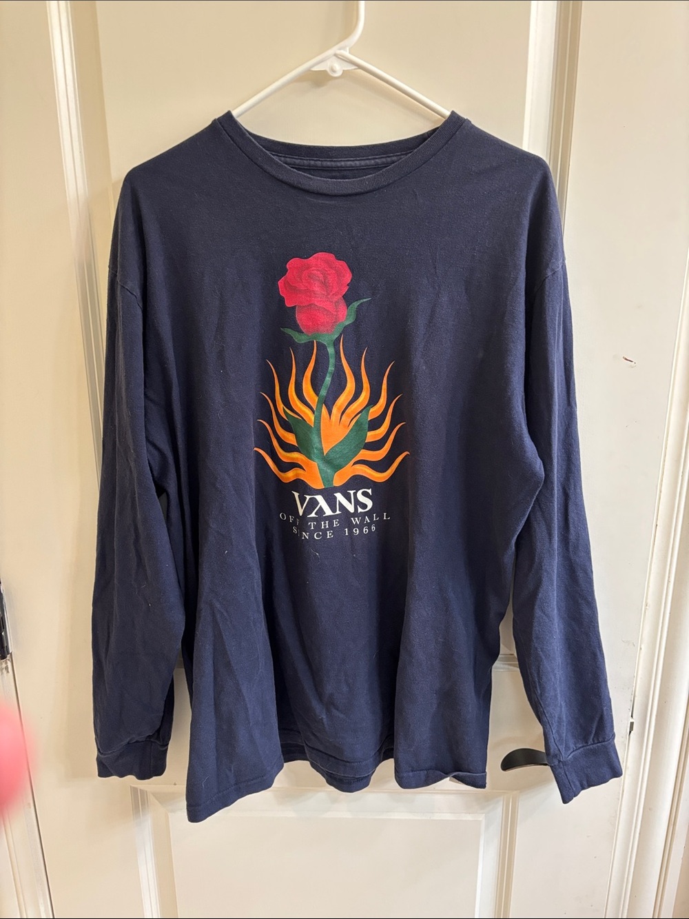 Vans Navy Long Sleeve Tee with Red Rose and Orange Flame Graphic